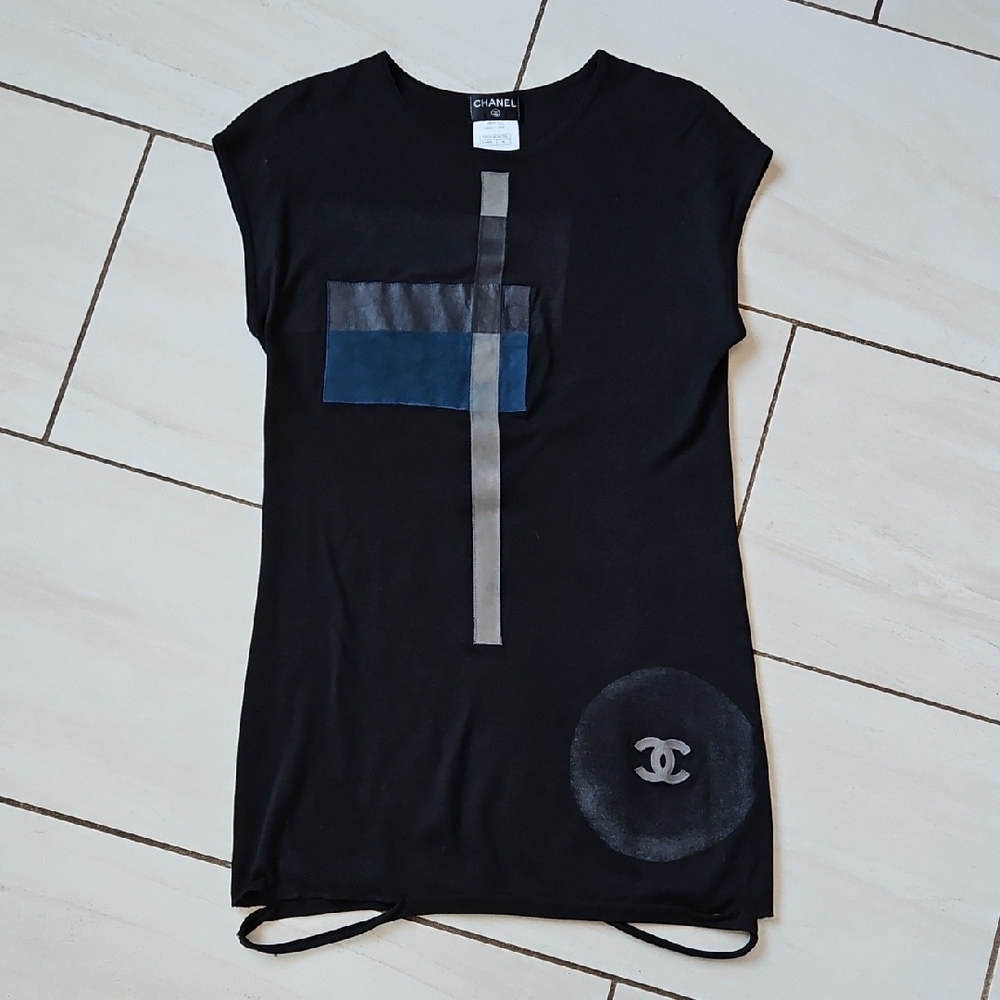 CHANEL Black Sweater Dress Blue Gray Leather CC Logo Accents [Size 38] 🖤